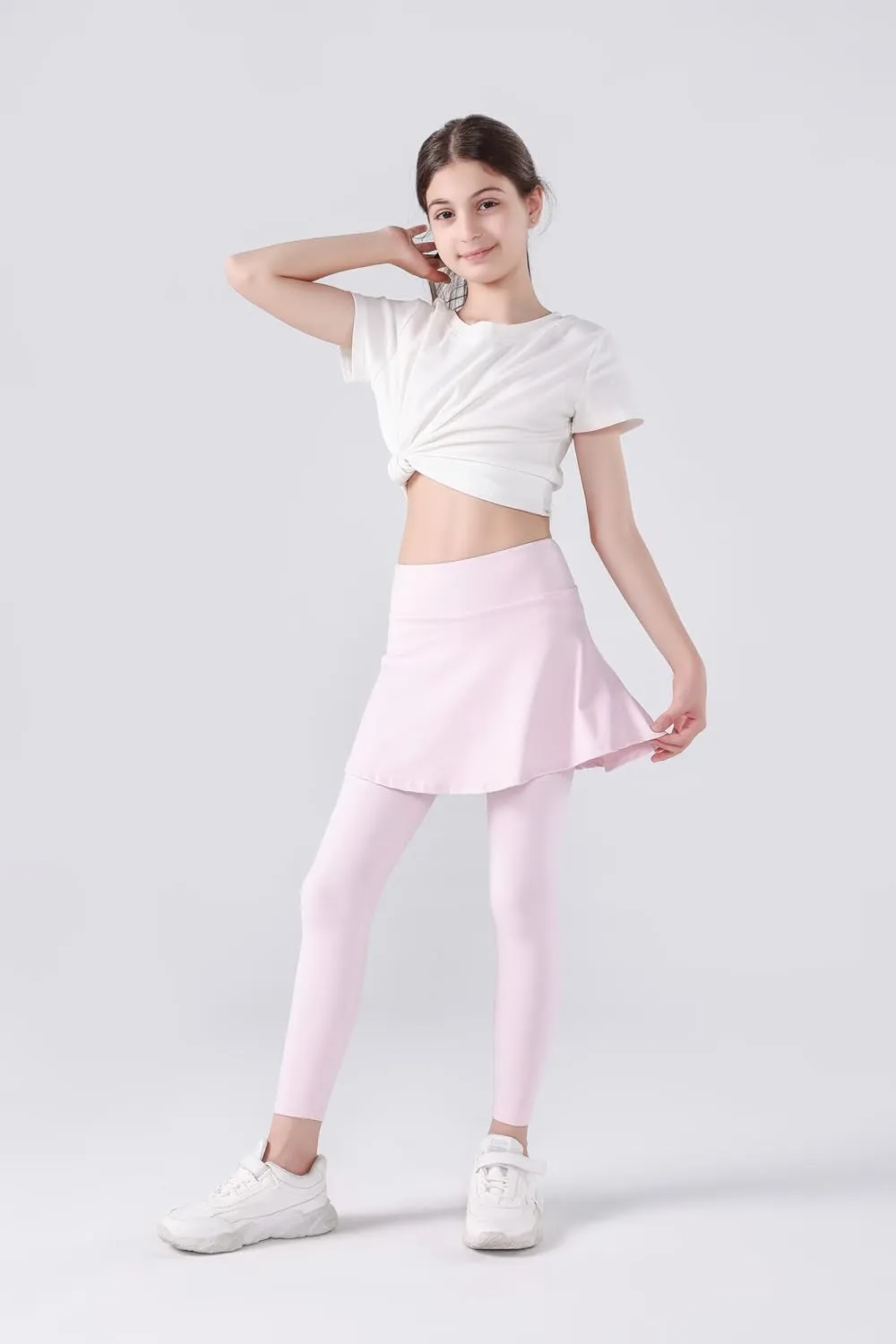 2 in 1 Girls Leggings with Skirt High Waisted Tennis Athletic Flowy Skirted Legging with Pockets for Kid