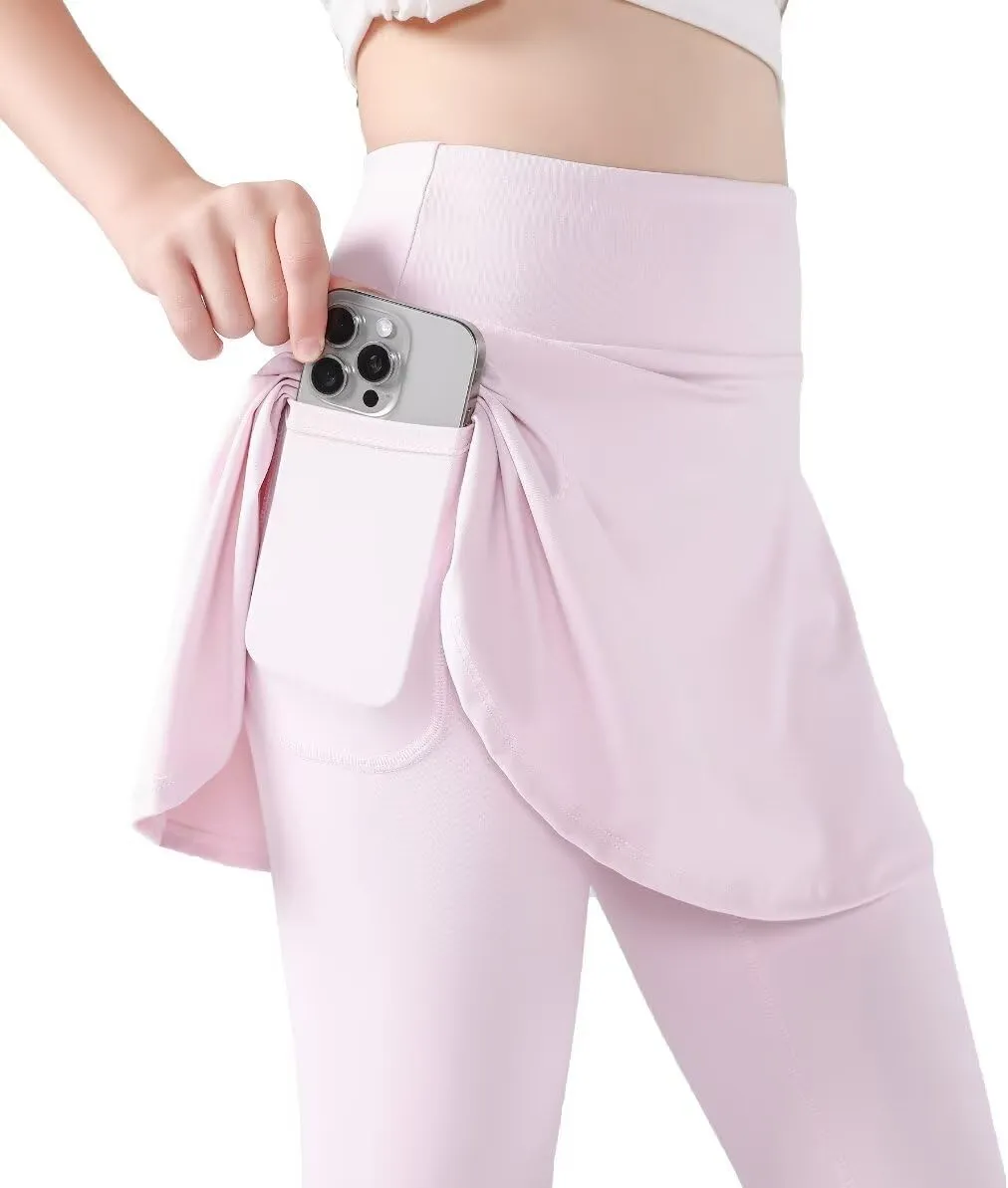 2 in 1 Girls Leggings with Skirt High Waisted Tennis Athletic Flowy Skirted Legging with Pockets for Kid