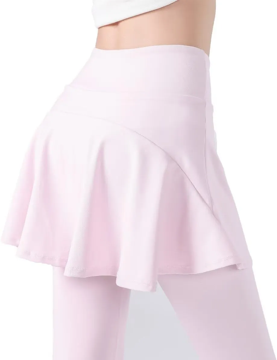 2 in 1 Girls Leggings with Skirt High Waisted Tennis Athletic Flowy Skirted Legging with Pockets for Kid