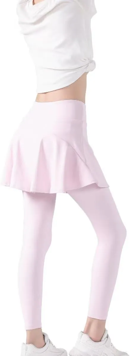 2 in 1 Girls Leggings with Skirt High Waisted Tennis Athletic Flowy Skirted Legging with Pockets for Kid