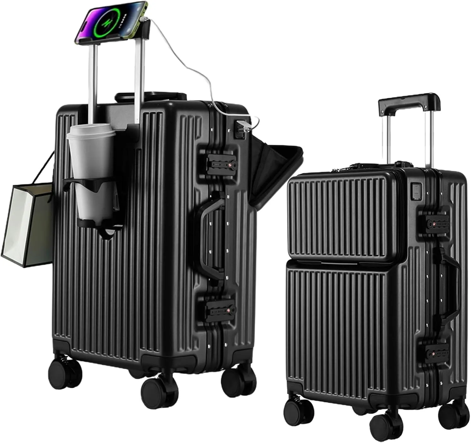 2-Piece Hardshell Zipperless Luggage Set, 20/26" Aluminum Frame Hardshell Spinner Luggage, Airline Approved Carry-On Luggage, TSA Lock, 360 Quiet Wheels With Cup Holder (Black)