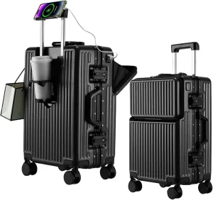 2-Piece Hardshell Zipperless Luggage Set, 20/26" Aluminum Frame Hardshell Spinner Luggage, Airline Approved Carry-On Luggage, TSA Lock, 360 Quiet Wheels With Cup Holder (Black)