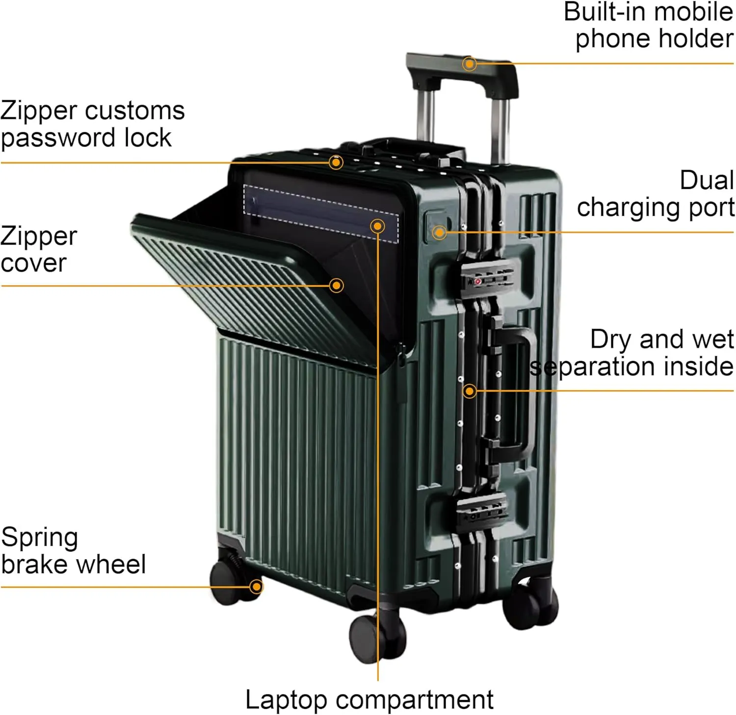 2-Piece Hardshell Zipperless Luggage Set, 20/26" Aluminum Frame Hardshell Spinner Luggage, Airline Approved Carry-On Luggage, TSA Lock, 360 Quiet Wheels With Cup Holder (green)
