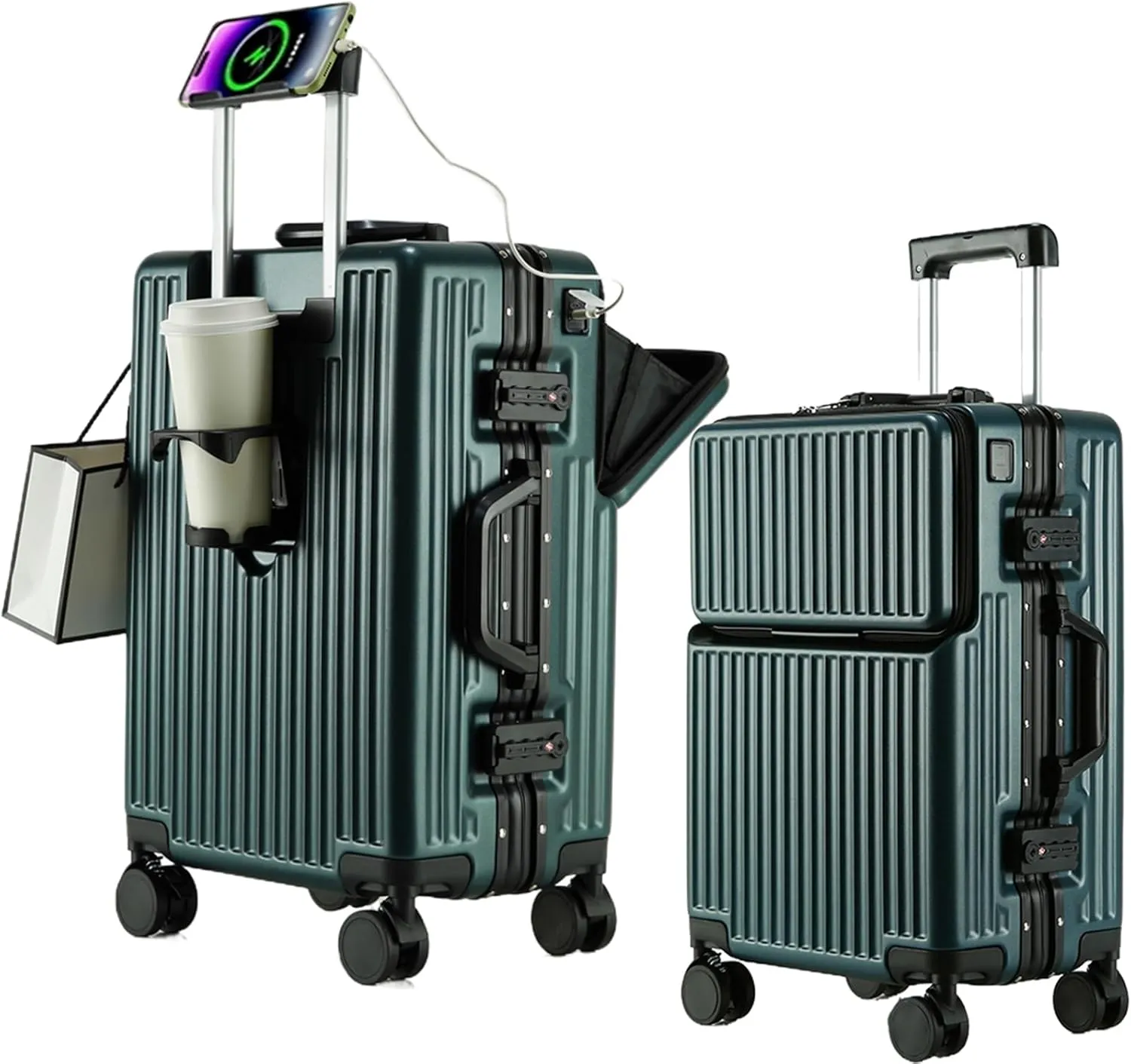 2-Piece Hardshell Zipperless Luggage Set, 20/26" Aluminum Frame Hardshell Spinner Luggage, Airline Approved Carry-On Luggage, TSA Lock, 360 Quiet Wheels With Cup Holder (green)