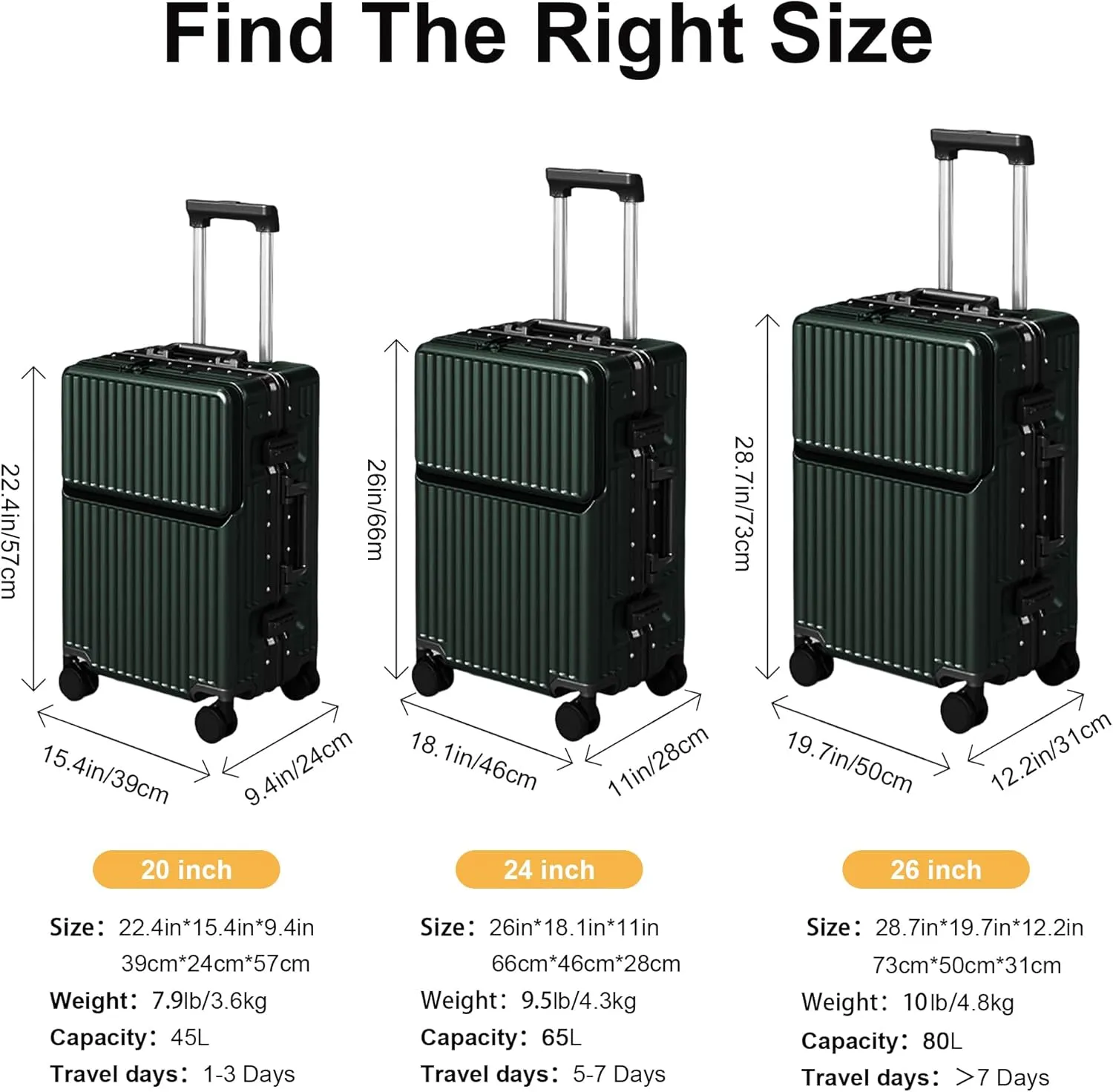 2-Piece Hardshell Zipperless Luggage Set, 20/26" Aluminum Frame Hardshell Spinner Luggage, Airline Approved Carry-On Luggage, TSA Lock, 360 Quiet Wheels With Cup Holder (green)
