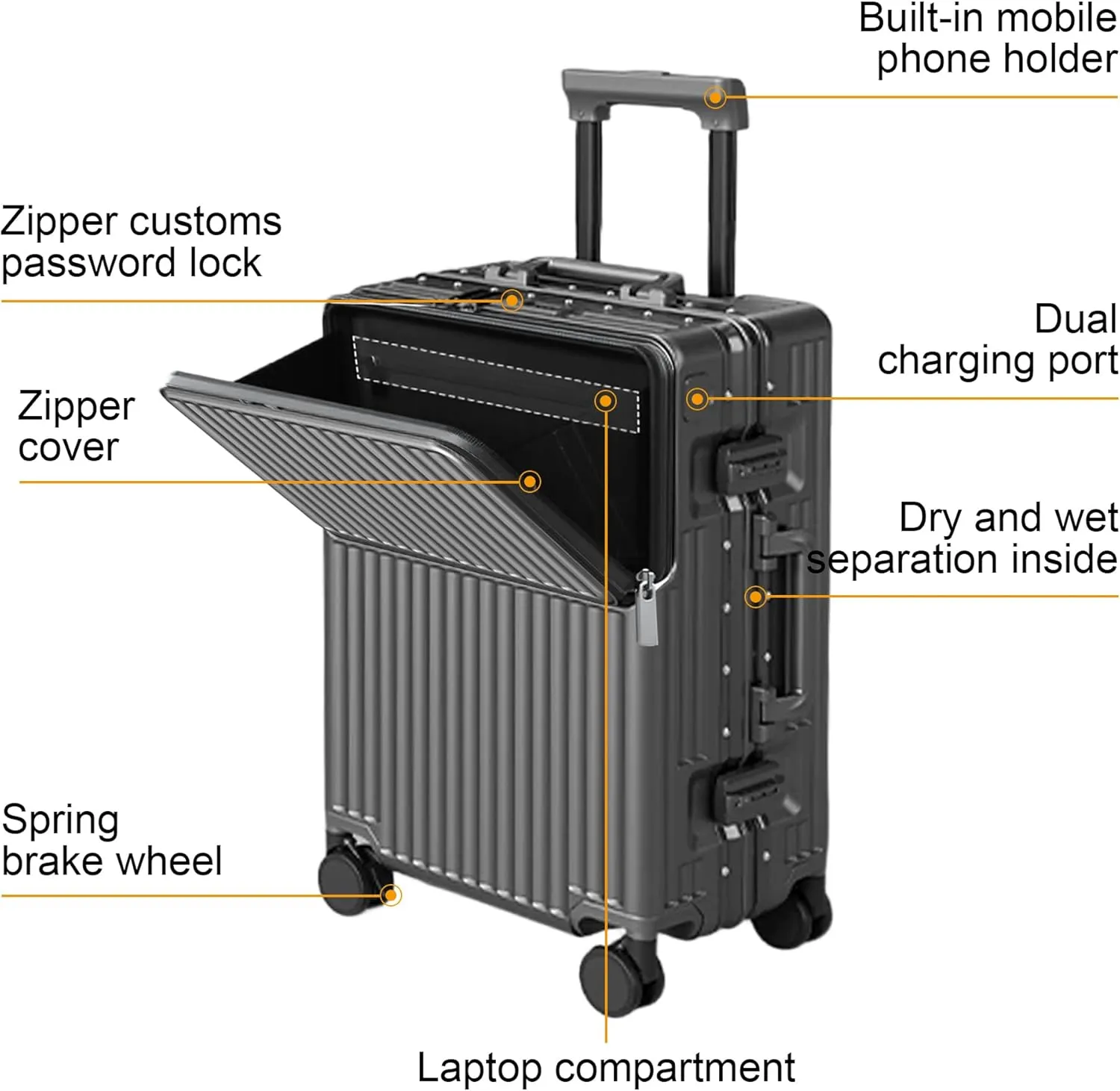 2-Piece Hardshell Zipperless Luggage Set, 20/26" Aluminum Frame Hardshell Spinner Luggage, Airline Approved Carry-On Luggage, TSA Lock, 360 Quiet Wheels With Cup Holder (grey)