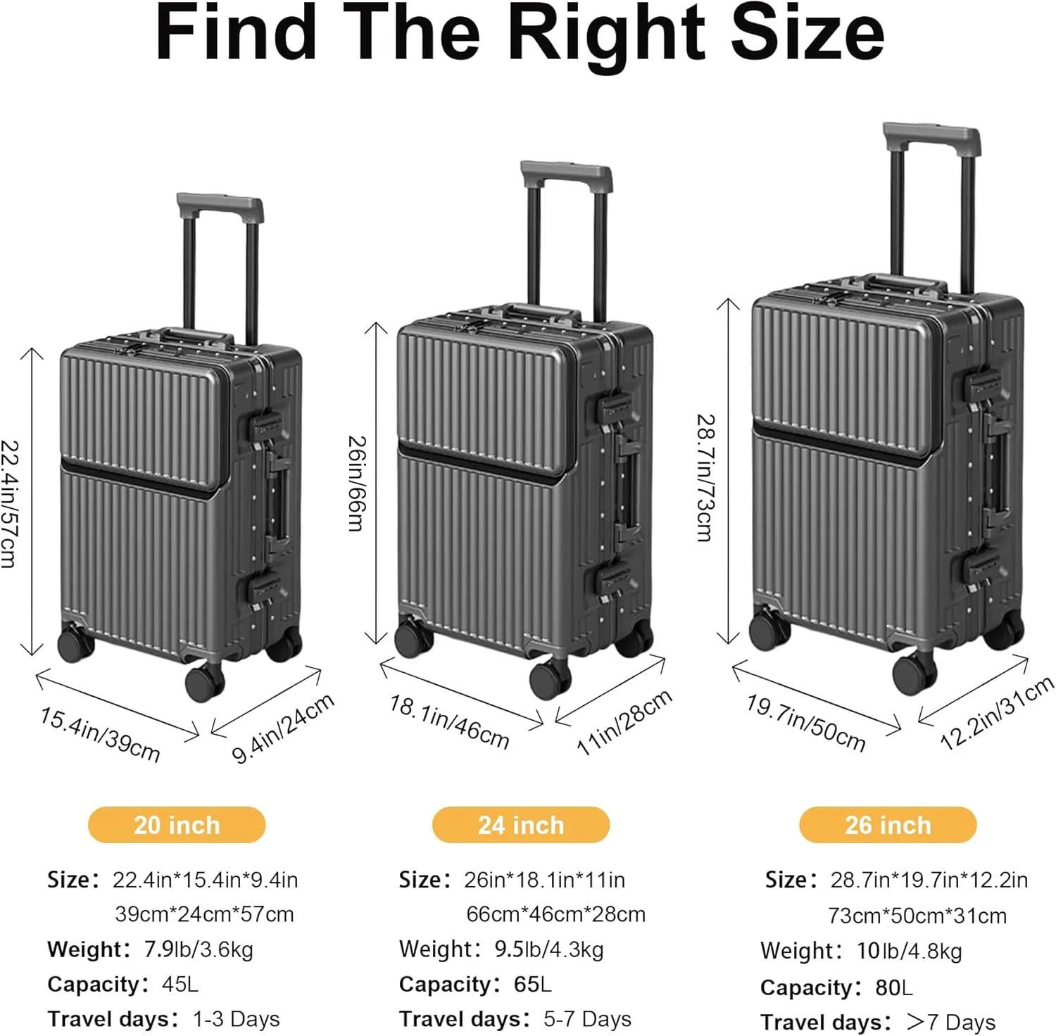 2-Piece Hardshell Zipperless Luggage Set, 20/26" Aluminum Frame Hardshell Spinner Luggage, Airline Approved Carry-On Luggage, TSA Lock, 360 Quiet Wheels With Cup Holder (grey)