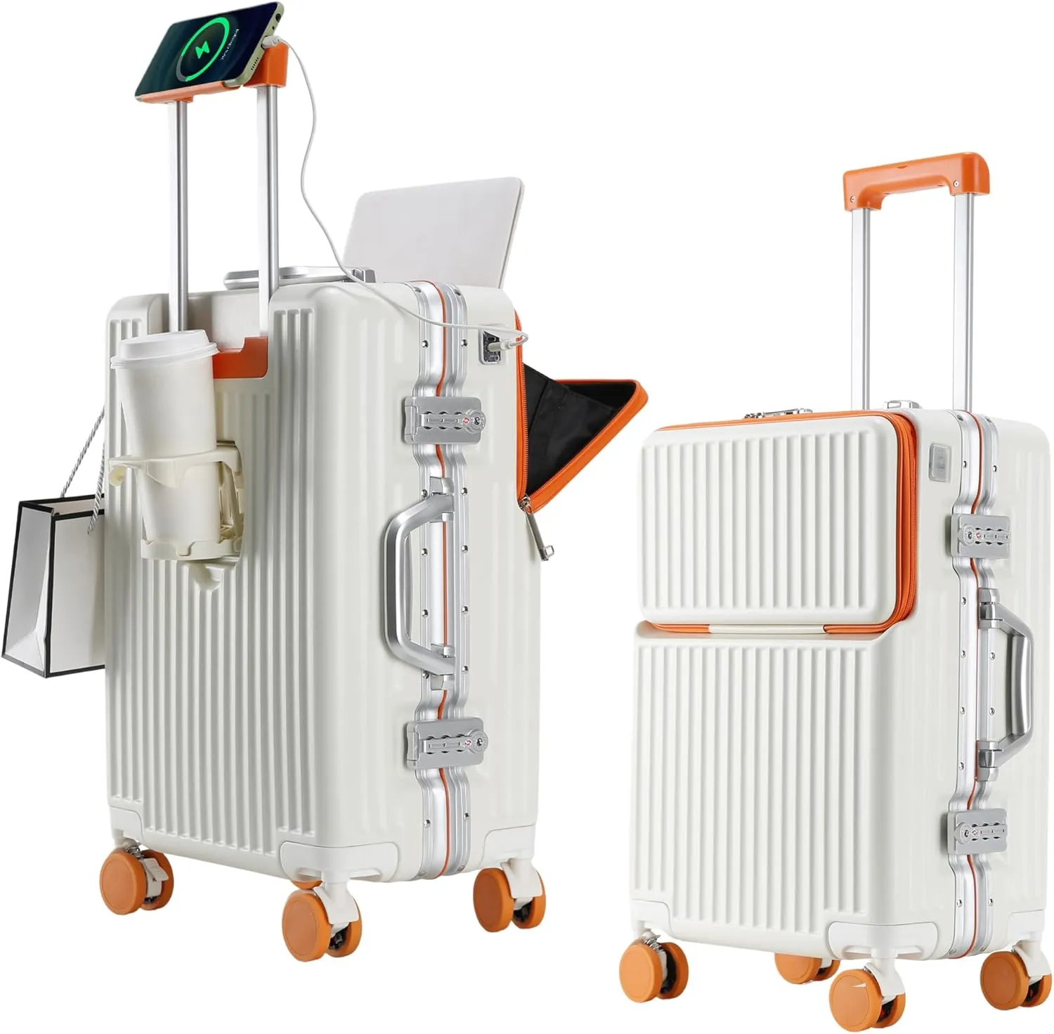 2-Piece Hardshell Zipperless Luggage Set, 20/26" Aluminum Frame Hardshell Spinner Luggage, Airline Approved Carry-On Luggage, TSA Lock, 360 Quiet Wheels With Cup Holder (orange)