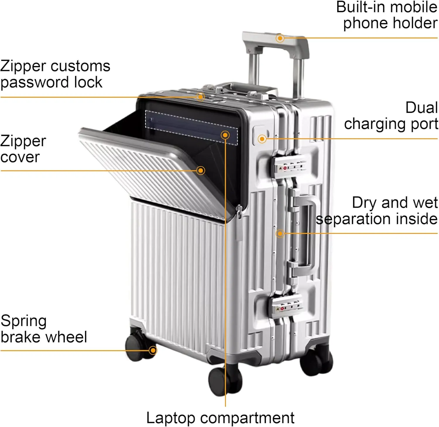 2-Piece Hardshell Zipperless Luggage Set, 20/26" Aluminum Frame Hardshell Spinner Luggage, Airline Approved Carry-On Luggage, TSA Lock, 360 Quiet Wheels With Cup Holder (silver)
