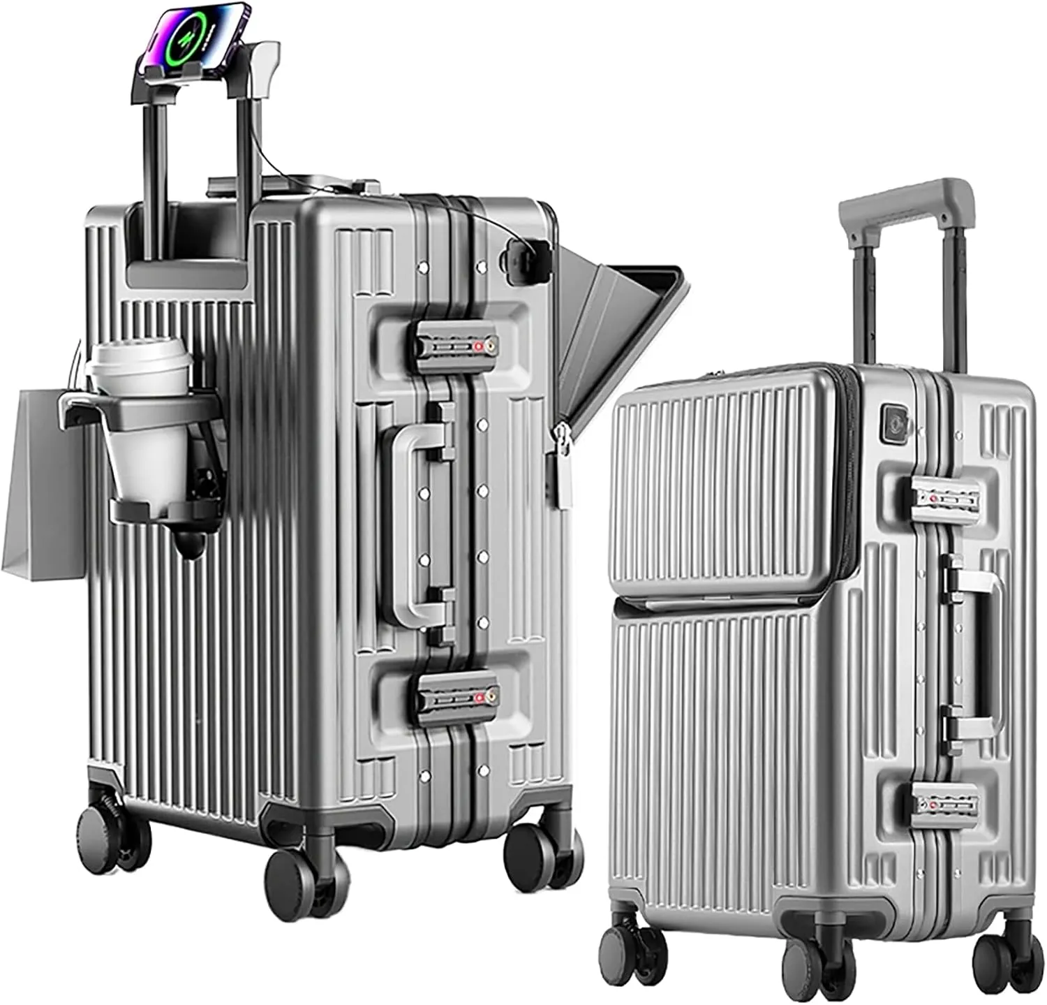 2-Piece Hardshell Zipperless Luggage Set, 20/26" Aluminum Frame Hardshell Spinner Luggage, Airline Approved Carry-On Luggage, TSA Lock, 360 Quiet Wheels With Cup Holder (silver)