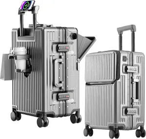 2-Piece Hardshell Zipperless Luggage Set, 20/26" Aluminum Frame Hardshell Spinner Luggage, Airline Approved Carry-On Luggage, TSA Lock, 360 Quiet Wheels With Cup Holder (silver)