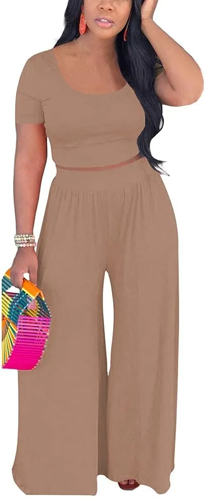 2 Piece Outfits for Women Sexy Backless Short Sleeve Crop Top High Waist Wide Leg Long Pant Sets Tracksuit Sport Set