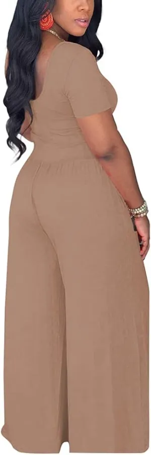 2 Piece Outfits for Women Sexy Backless Short Sleeve Crop Top High Waist Wide Leg Long Pant Sets Tracksuit Sport Set