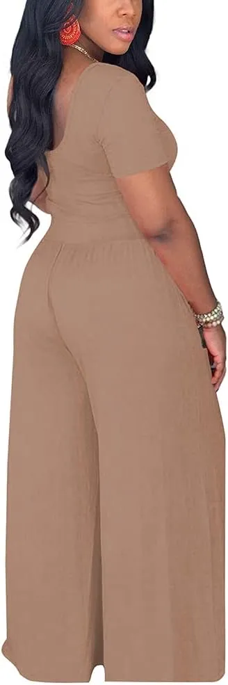 2 Piece Outfits for Women Sexy Backless Short Sleeve Crop Top High Waist Wide Leg Long Pant Sets Tracksuit Sport Set