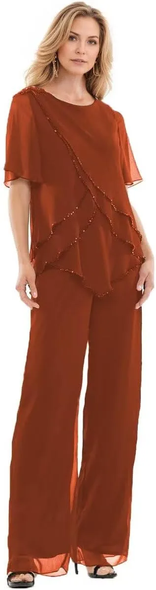 2 Pieces Mother of The Bride Pant Suits Chiffon Ruffle Layers Formal Sets Beaded Wedding Guest Outfits