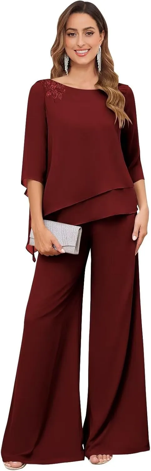 2 Pieces Mother of The Bride Pant Suits for Wedding Dressy Chiffon Lace Sequin Formal Wedding Guest Outfit