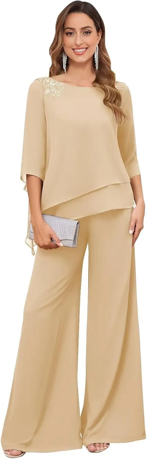 2 Pieces Mother of The Bride Pant Suits for Wedding Dressy Chiffon Lace Sequin Formal Wedding Guest Outfit