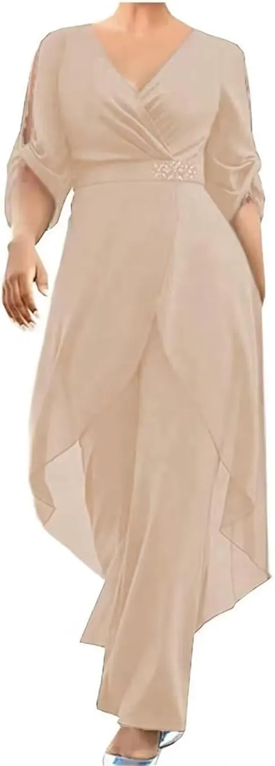 2 Pieces Pants Suits Mother of The Bride Lace Appliques Chiffon Formal Wedding Grooms Dresses