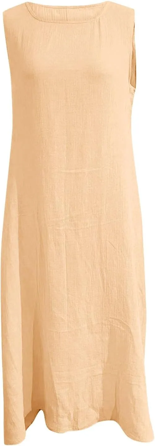 2025 Summer Plus Size Cotton Linen Tank Dress Women Boho Casual Beach Dresses Crew Neck Sleeveless Midi Sundress