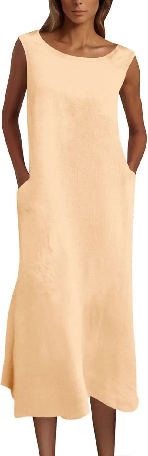 2025 Summer Plus Size Cotton Linen Tank Dress Women Boho Casual Beach Dresses Crew Neck Sleeveless Midi Sundress
