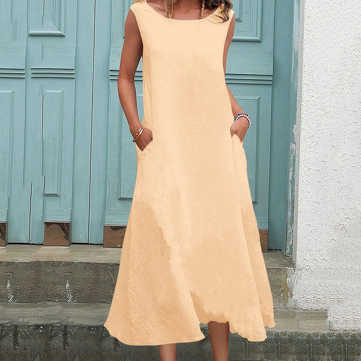 2025 Summer Plus Size Cotton Linen Tank Dress Women Boho Casual Beach Dresses Crew Neck Sleeveless Midi Sundress