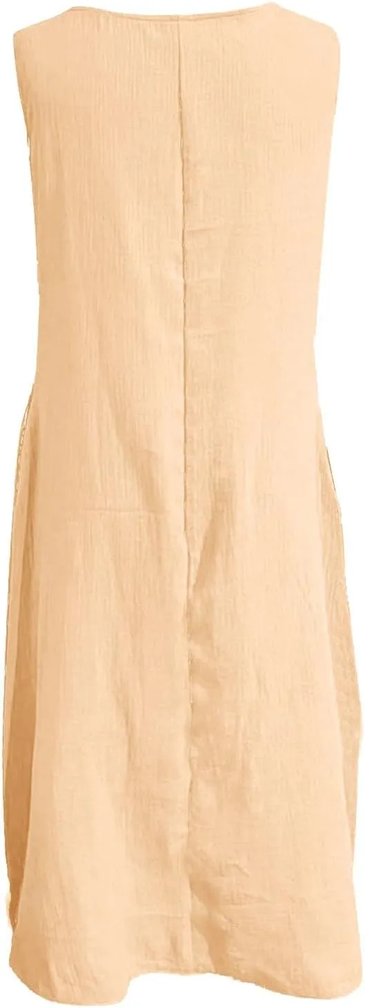 2025 Summer Plus Size Cotton Linen Tank Dress Women Boho Casual Beach Dresses Crew Neck Sleeveless Midi Sundress