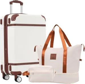24-Inch Lightweight Hardshell Luggage Set with Travel Duffel and Toiletry Bag, Expandable Storage, Double Spinner Wheels, White