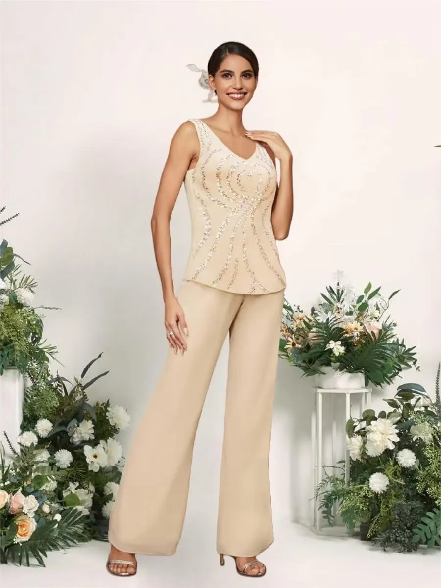 3 Piece Chiffon Mother of The Bride Pantsuits with Jacket Long Sleeve Formal Outfits Sequin Applique Cocktail Pant Suits