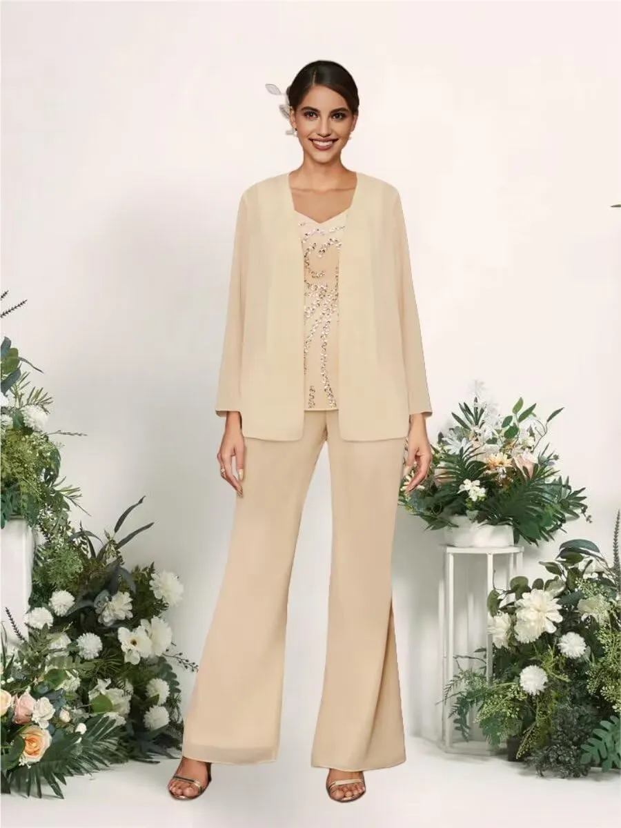 3 Piece Chiffon Mother of The Bride Pantsuits with Jacket Long Sleeve Formal Outfits Sequin Applique Cocktail Pant Suits
