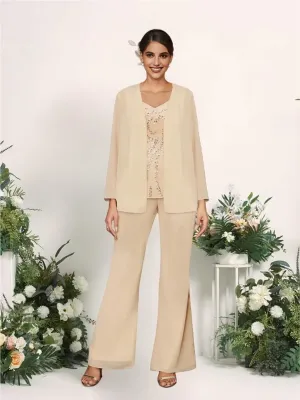3 Piece Chiffon Mother of The Bride Pantsuits with Jacket Long Sleeve Formal Outfits Sequin Applique Cocktail Pant Suits