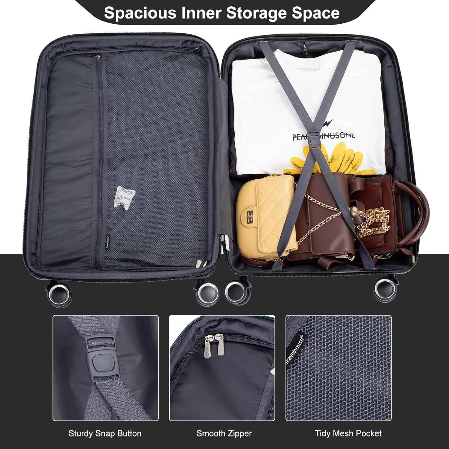 3-Piece Expandable Polypropylene Hardshell Luggage Set with Double Spinner Wheels, TSA Lock, and Lightweight Durable Design (20"/24"/28"), Black