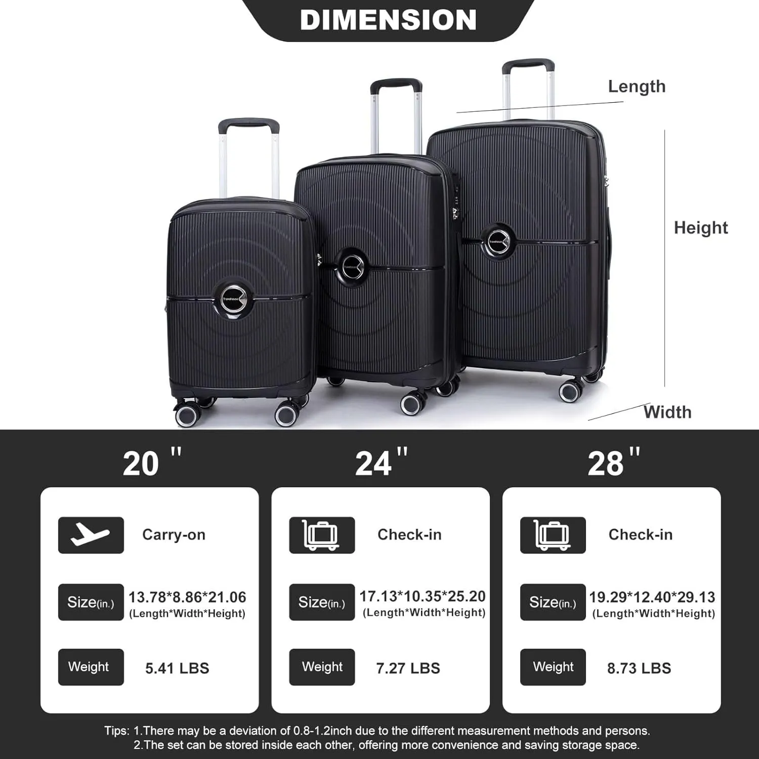 3-Piece Expandable Polypropylene Hardshell Luggage Set with Double Spinner Wheels, TSA Lock, and Lightweight Durable Design (20"/24"/28"), Black