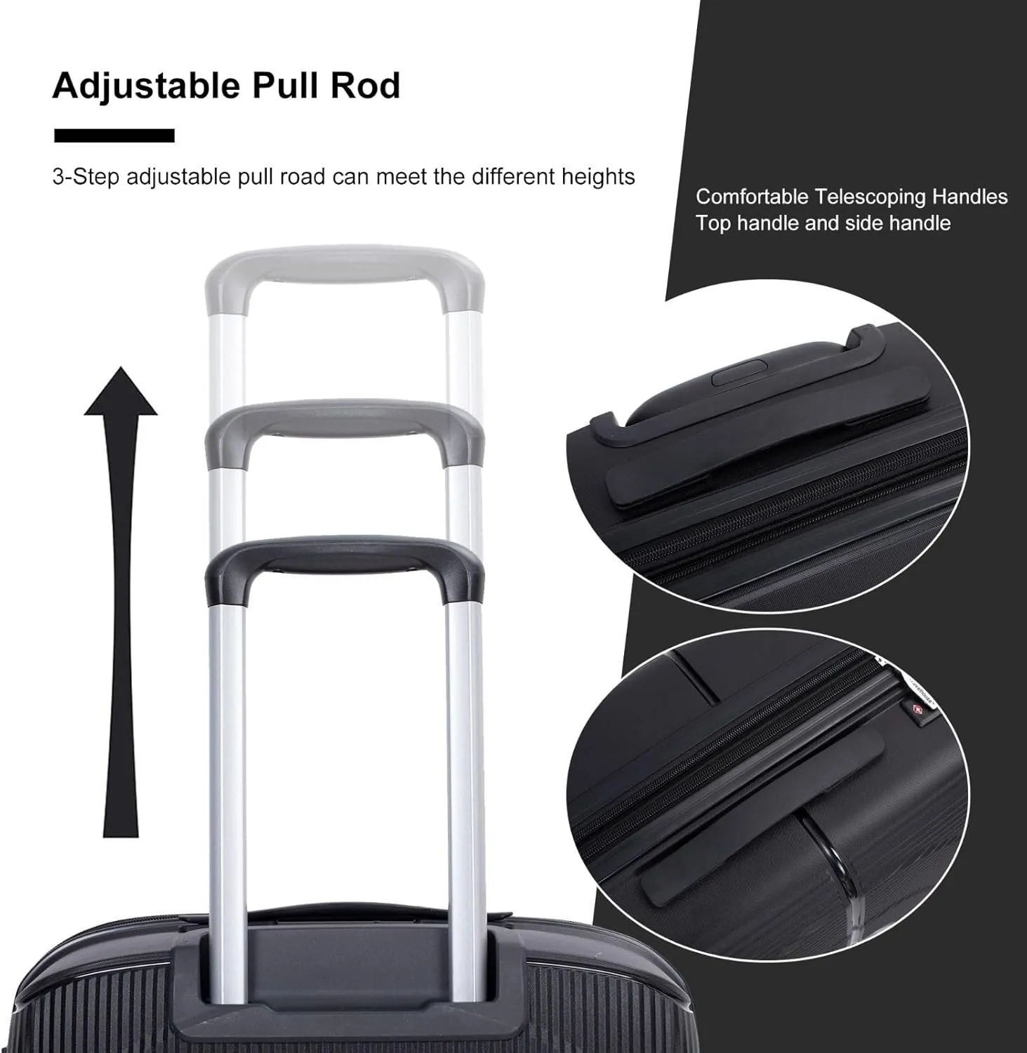 3-Piece Expandable Polypropylene Hardshell Luggage Set with Double Spinner Wheels, TSA Lock, and Lightweight Durable Design (20"/24"/28"), Black