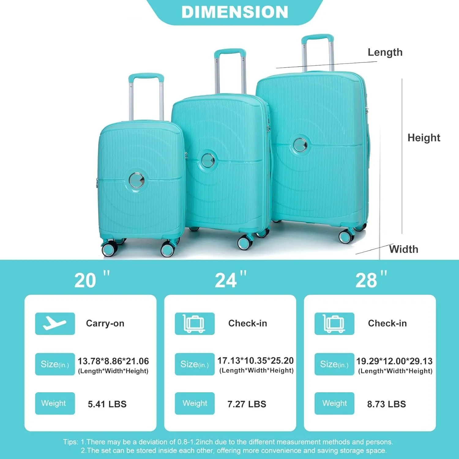 3-Piece Expandable Polypropylene Hardshell Luggage Set with Double Spinner Wheels, TSA Lock, and Lightweight Durable Design (20"/24"/28"), Lake Blue