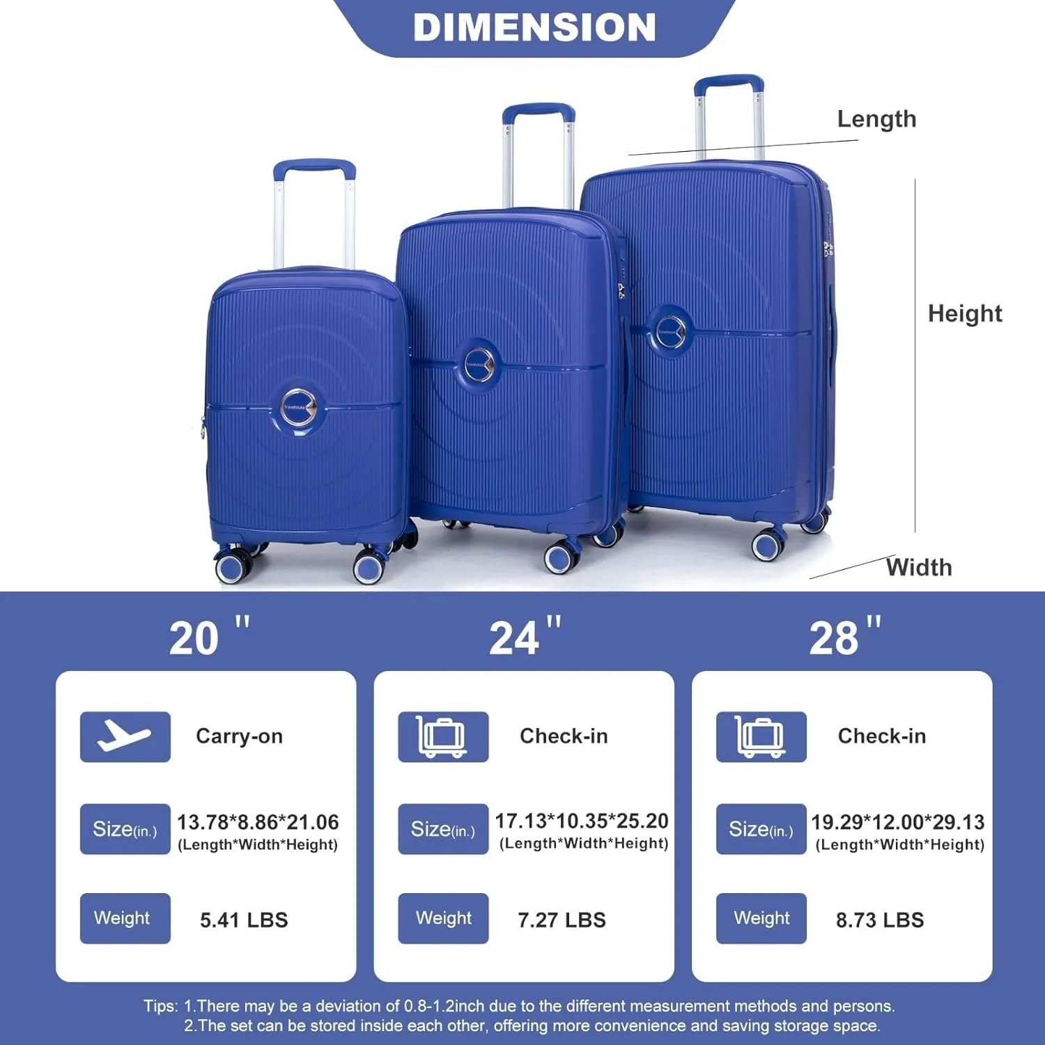 3-Piece Expandable Polypropylene Hardshell Luggage Set with Double Spinner Wheels, TSA Lock, and Lightweight Durable Design (20"/24"/28"), Navy