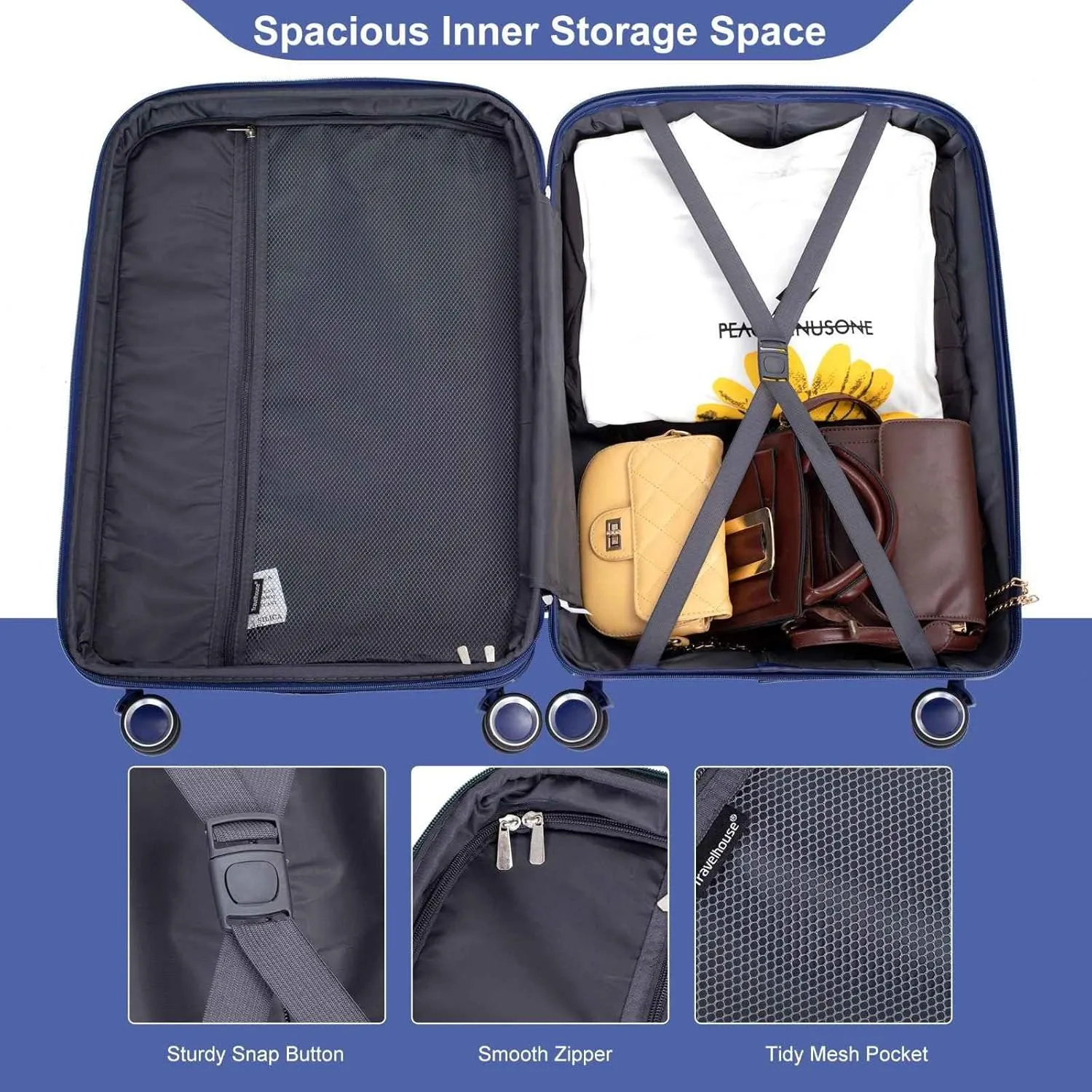 3-Piece Expandable Polypropylene Hardshell Luggage Set with Double Spinner Wheels, TSA Lock, and Lightweight Durable Design (20"/24"/28"), Navy
