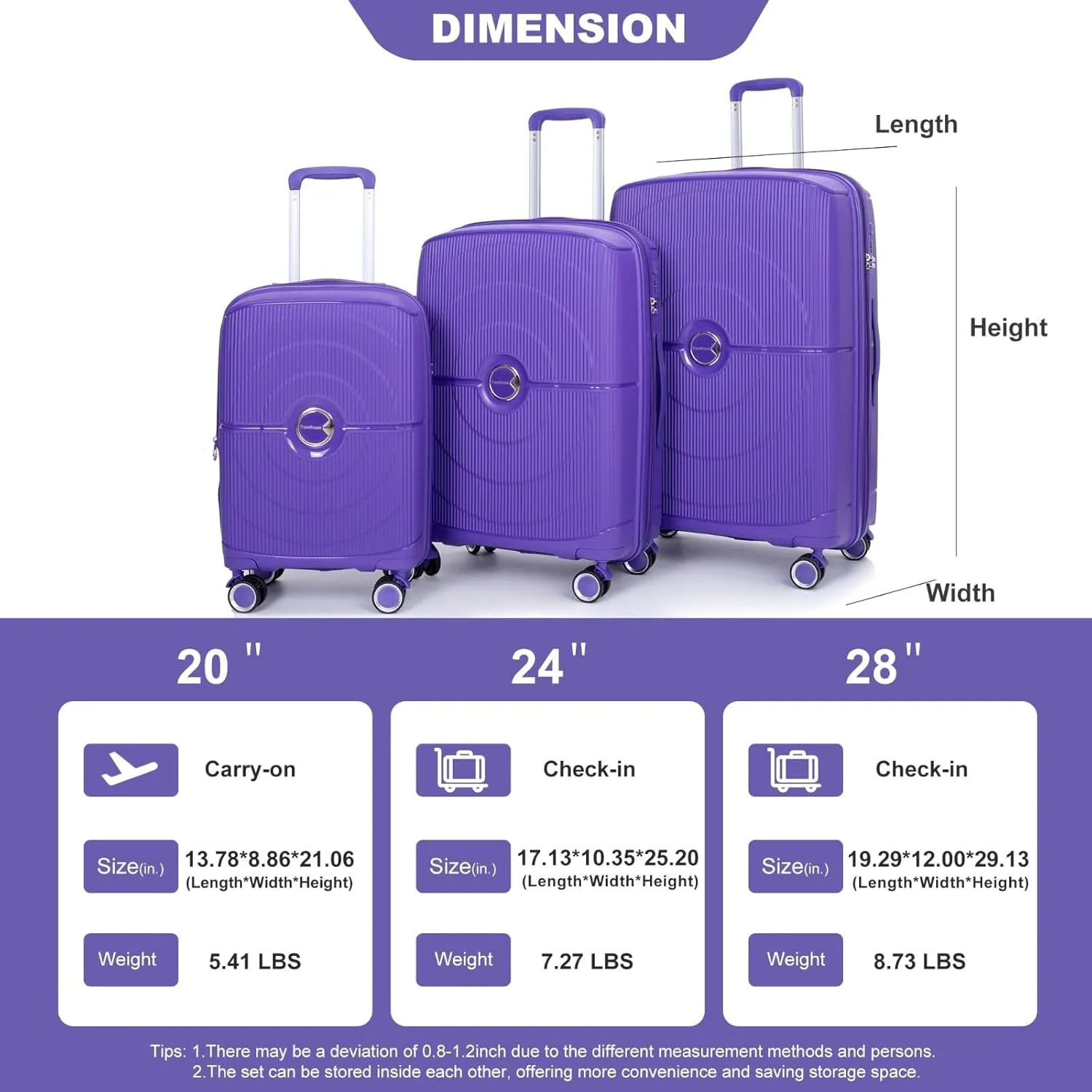 3-Piece Expandable Polypropylene Hardshell Luggage Set with Double Spinner Wheels, TSA Lock, and Lightweight Durable Design (20"/24"/28"), Purple
