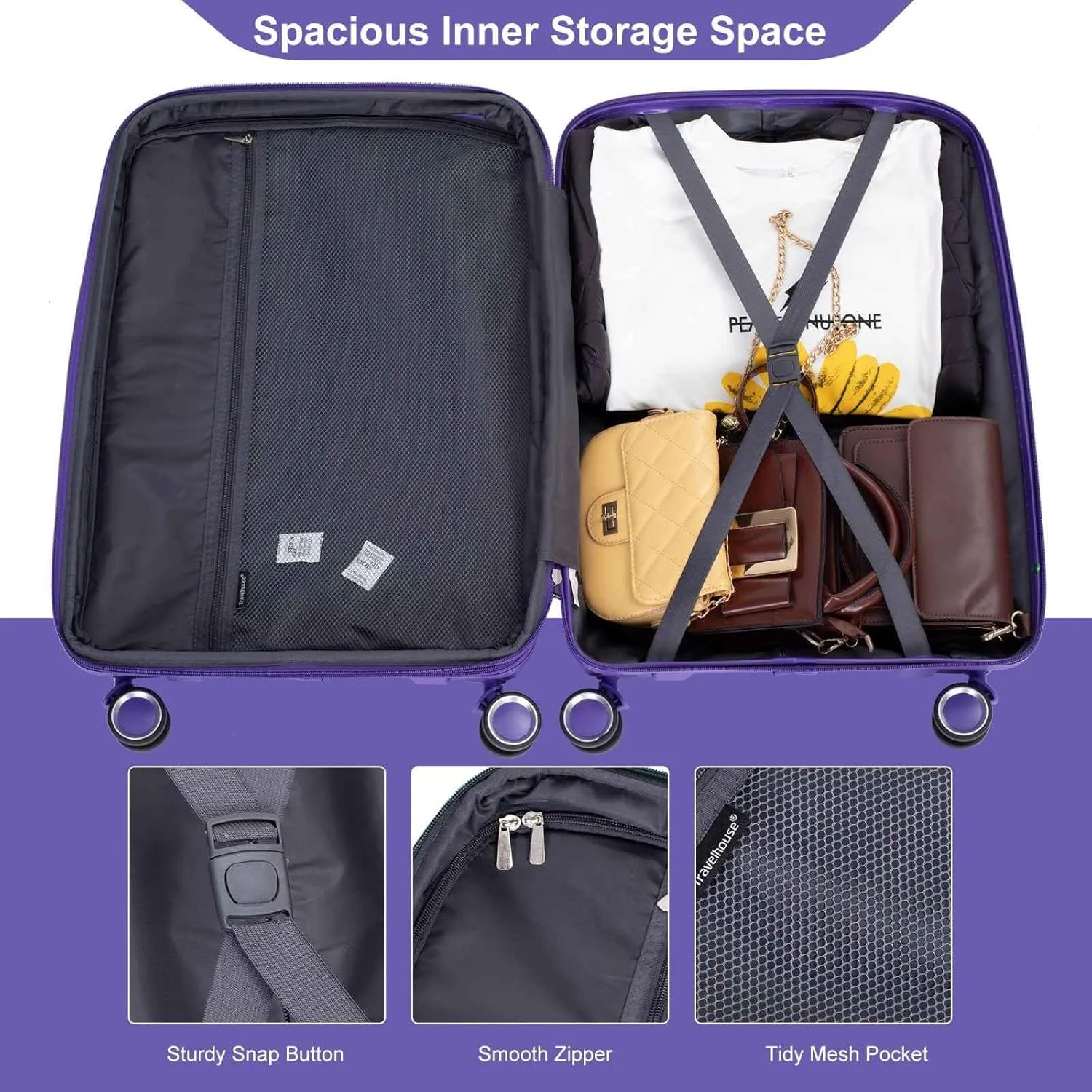 3-Piece Expandable Polypropylene Hardshell Luggage Set with Double Spinner Wheels, TSA Lock, and Lightweight Durable Design (20"/24"/28"), Purple