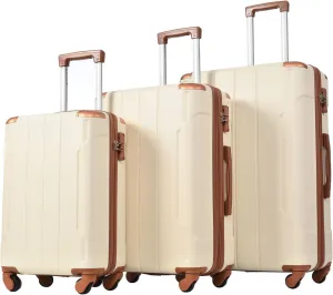 3 Piece Hardshell Luggage Set with Spinner Wheels, Lightweight Travel Suitcases, Expands 25%, Brown and White