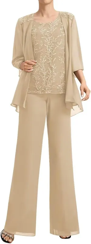 3 Piece Mother of The Bride Pant Suits for Wedding 3/4 Sleeve Chiffon Formal Pants Outfit with Jacket