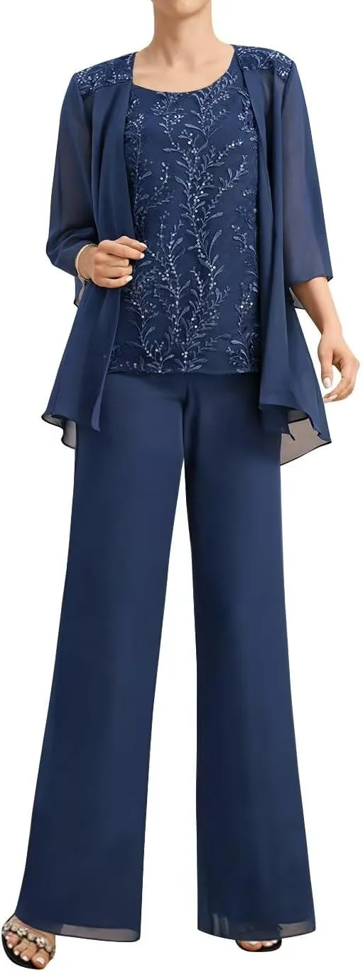 3 Piece Mother of The Bride Pant Suits for Wedding 3/4 Sleeve Chiffon Formal Pants Outfit with Jacket