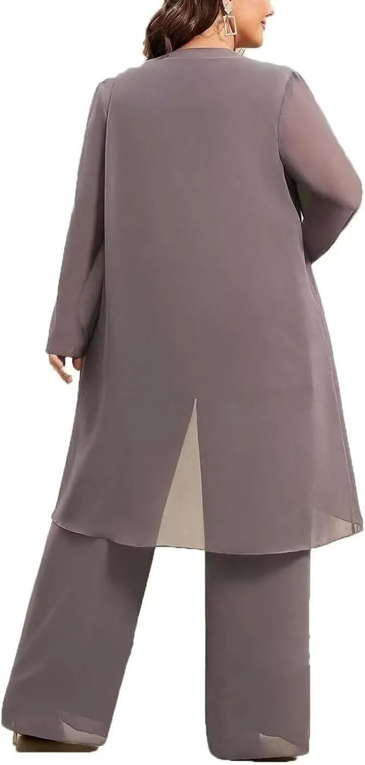 3 Pieces Chiffon Mother of The Bride Pant Suits Plus Size Women Wedding Formal Outfit Set Evening Gown PG30