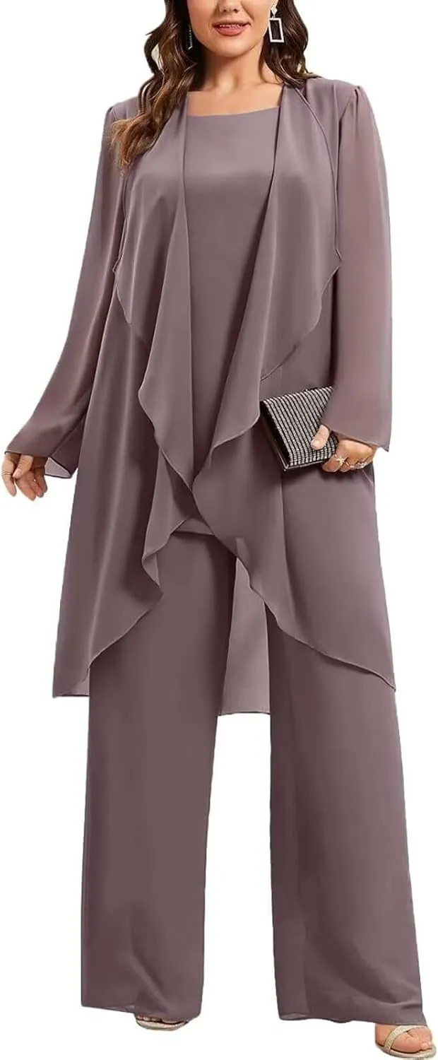 3 Pieces Chiffon Mother of The Bride Pant Suits Plus Size Women Wedding Formal Outfit Set Evening Gown PG30