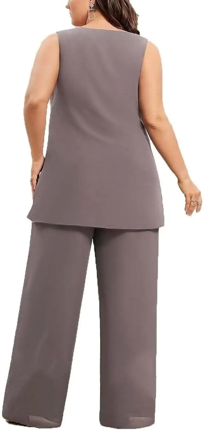3 Pieces Chiffon Mother of The Bride Pant Suits Plus Size Women Wedding Formal Outfit Set Evening Gown PG30