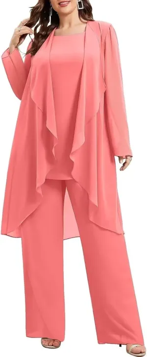 3 Pieces Chiffon Mother of The Bride Pant Suits Plus Size Women Wedding Formal Outfit Set Evening Gown PG30