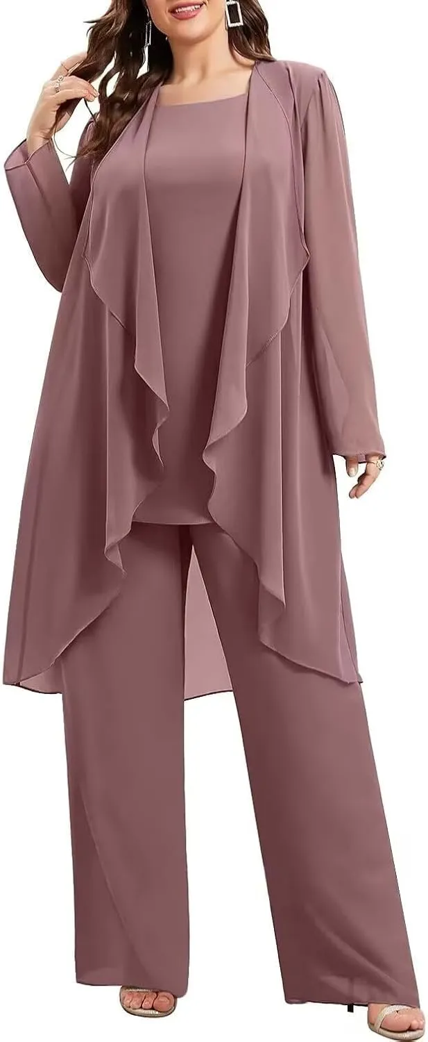 3 Pieces Chiffon Mother of The Bride Pant Suits Plus Size Women Wedding Formal Outfit Set Evening Gown PG30
