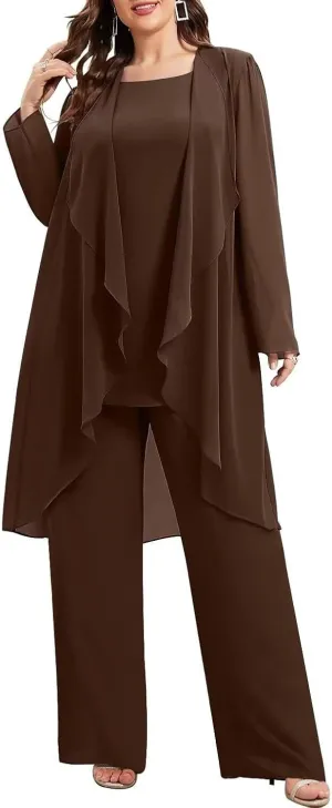 3 Pieces Chiffon Mother of The Bride Pant Suits Plus Size Women Wedding Formal Outfit Set Evening Gown PG30