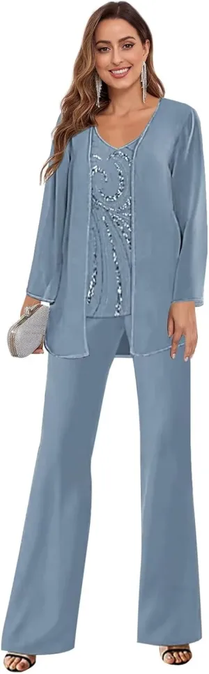 3 Pieces Mother of The Bride Pantsuits with Jacket Long Sleeves Formal Evening Pants Outfit