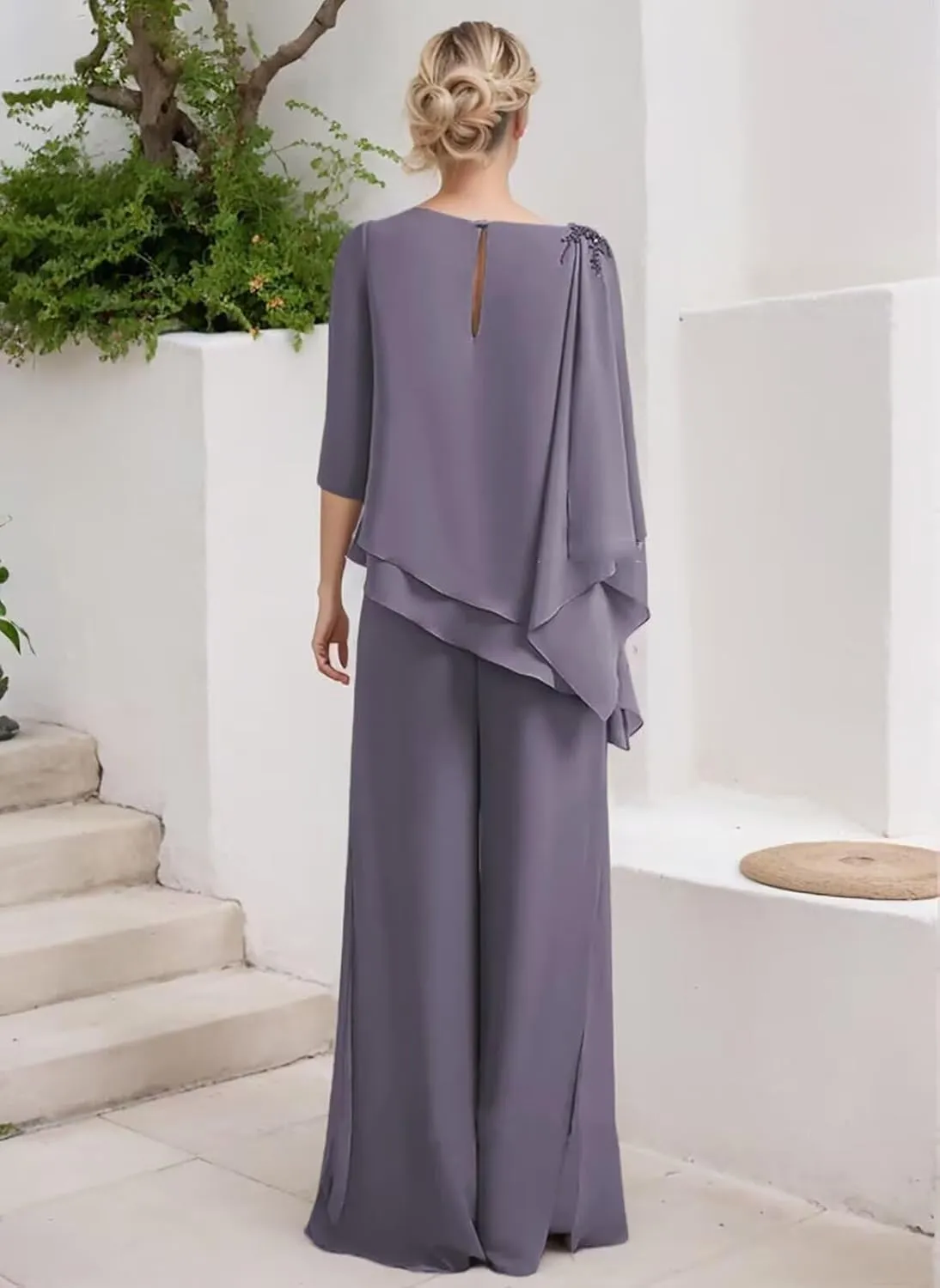 3/4 Sleeves Mother of The Bride Pant Suits for Wedding Lace Appliques Chiffon Long Formal Outfit Sets JH006