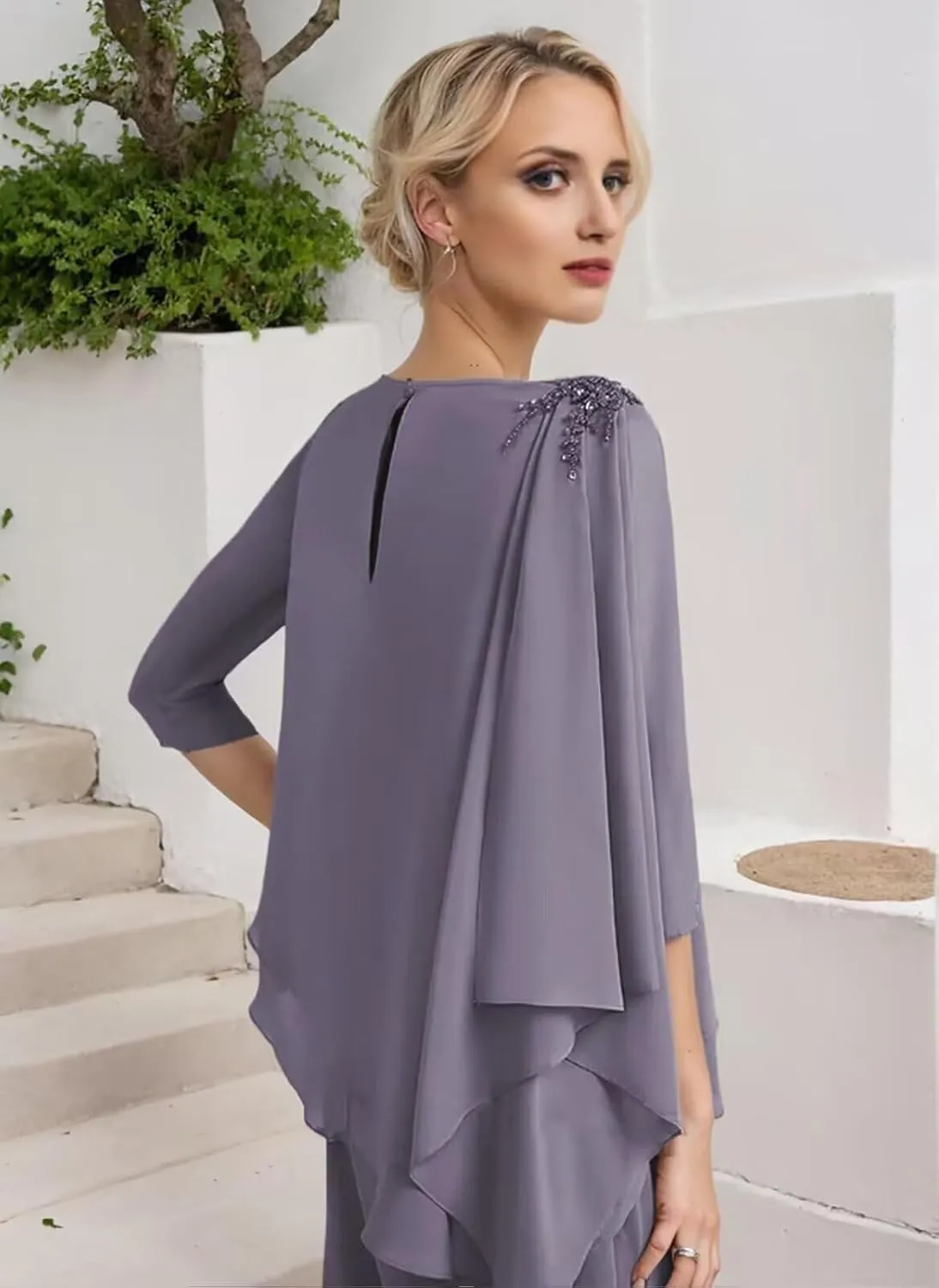 3/4 Sleeves Mother of The Bride Pant Suits for Wedding Lace Appliques Chiffon Long Formal Outfit Sets JH006